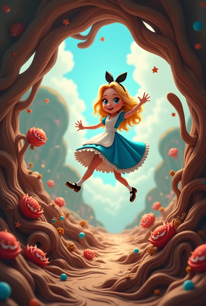 Create some Instagram design for a Children&#39;s Day campaign for Cacau Show with the playful theme of Alice in Wonderland where Alice is falling down the rabbit hole and upside down while the chocolate runs up in the opposite direction of the fall. 