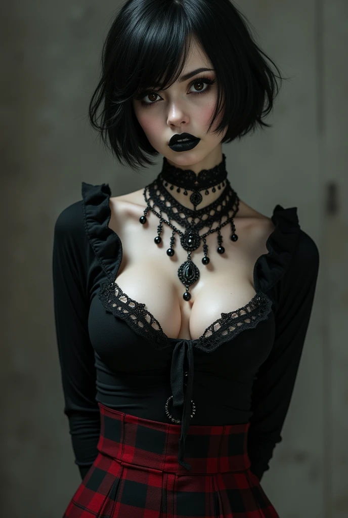 (masterpiece:1.2), (best quality:1.2), intrincate details,realistic,expressive eyes, detailed eyes,perfect face, beautiful gothic girl, short black hair, black eyes,black lips,(massive breasts:1.7), pale skin,makeup, necklace, low-cut black long-sleeved t-shirt, red and black striped long stockings, standing,upper body, arms behind back