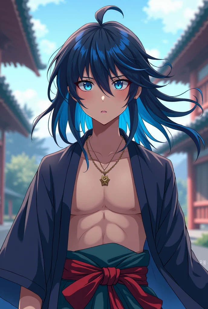 Create a young stubborn anime style teenage boy with open haori and long hair touching the shoulder with blue tips