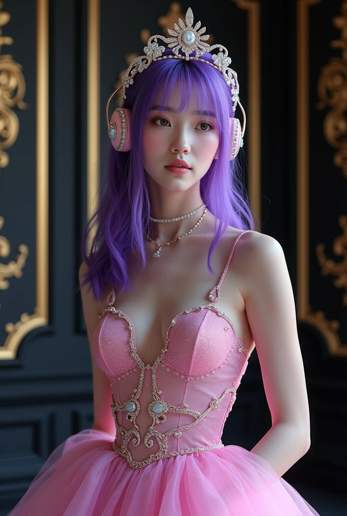 Korean purple hair butterfly woman in headset with transparent shiny shiny pink dress and shiny diamonds on headset full body The main scene: a ball with black walls chic with gold details princess outfit princess princess with korean headphones