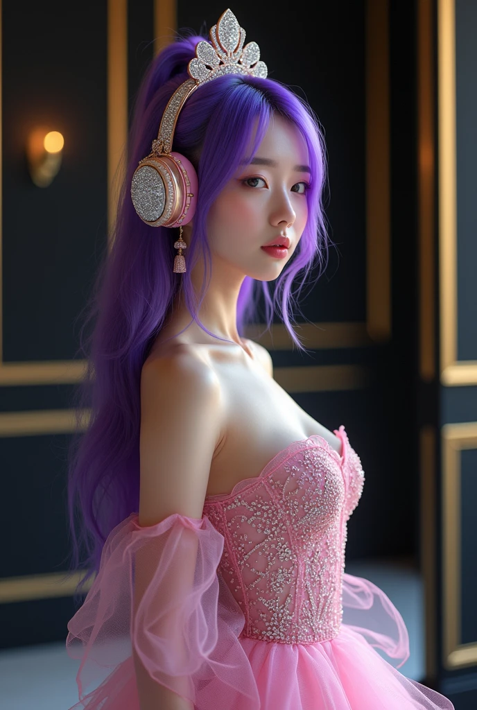 Korean butterfly woman with purple hair, wearing headphones and a transparent golden and brown dress. Elegant, luxurious red carpet look for the Digital Talent Awards, featuring gold decor and black accents.