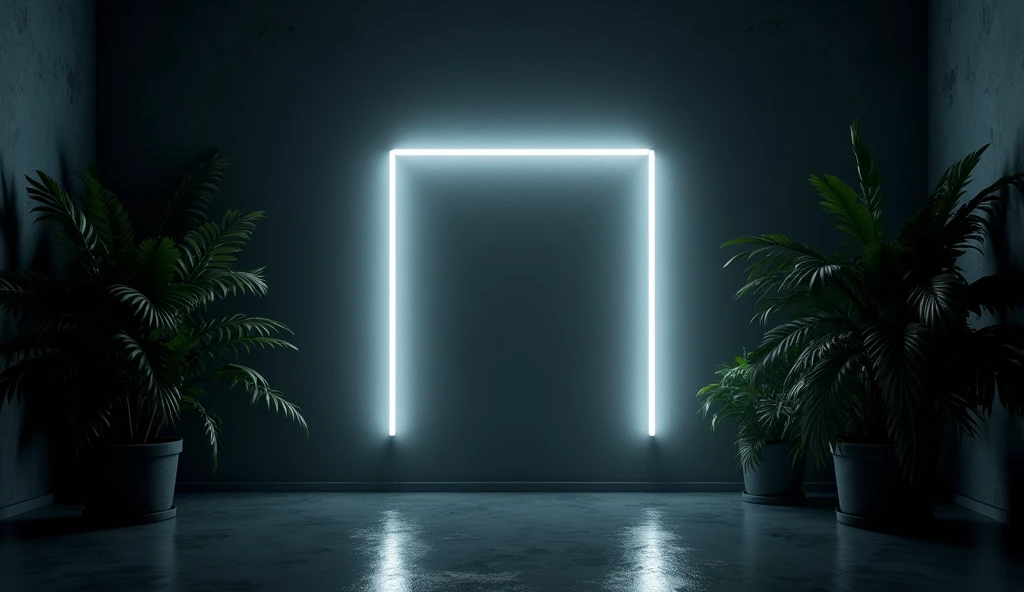 a dark wall in the foreground, with a white neon light in the shape of a rectangle in the foreground, all surrounded by greenery in the corners 
