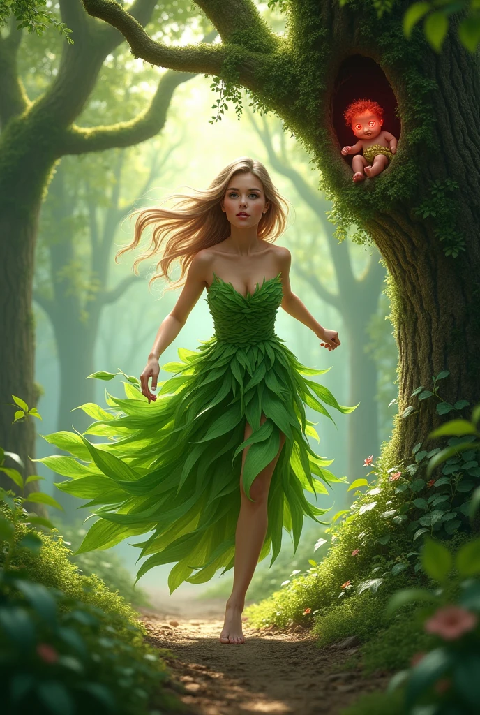 An adult woman in a dress made of leaves runs home to show her husband that she found a baby in a tree with red eyes and hair.