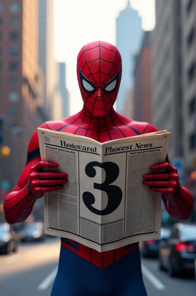 Spiderman reading the news paper, with a "3" on the news paper