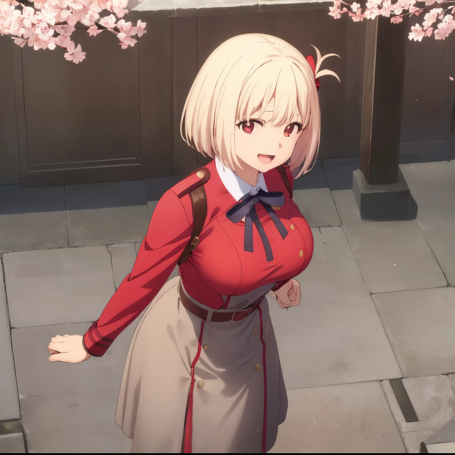 1girl,alone,chisato nishikigi,masterpiece,best quality,high resolution,looking at viewer,detailed,detailed eyes,short hair,dull blonde hair,headband,large breasts,medium waist,wide hips,wide thighs,body curvy, dynamic pose, neckband, collared shirt, lycoris uniform, two-tone dress, red dress, gray dress, long sleeves, red belt, smile, open mouth, position, arms behind the back, leaning forward , front view, focus on breasts, pov (from above), standing outdoors, cherry blossoms,