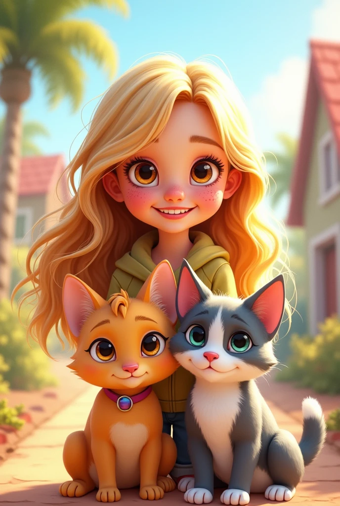 A Pixar-style cover featuring a blonde teenage girl, long hair and brown eyes and freckles, accompanied by a skinny yellow little dog and a skinny grey and white male cat.