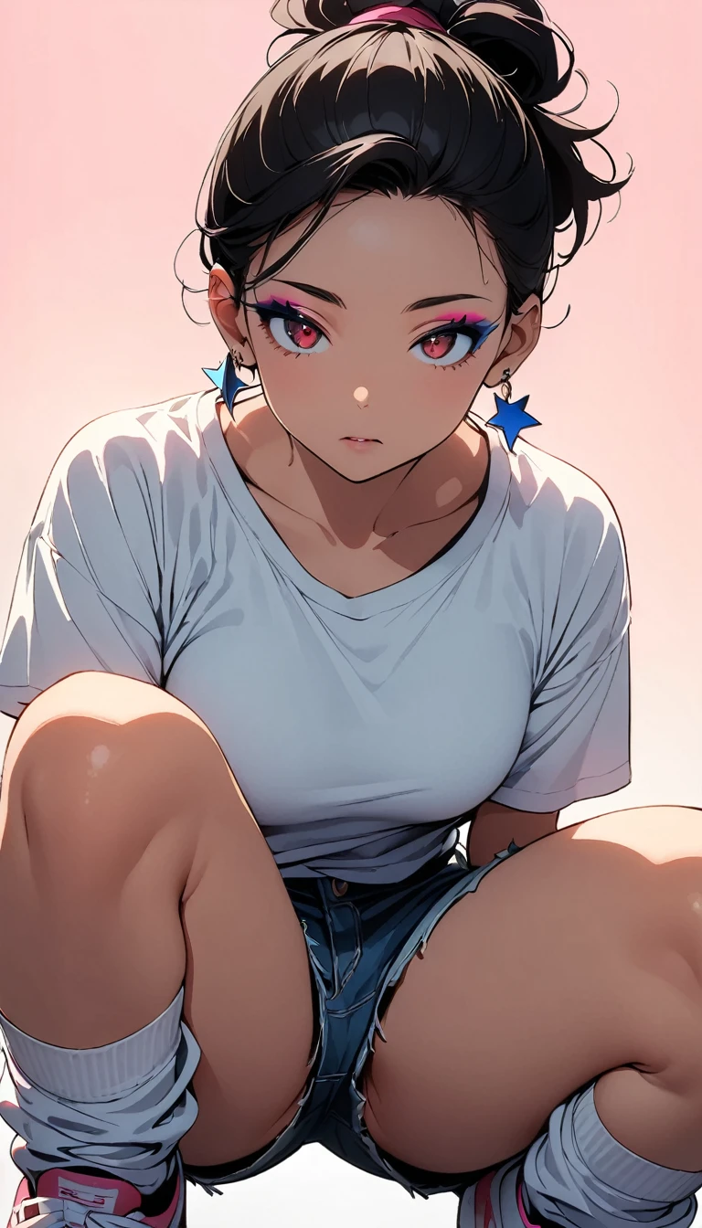 (high quality, 8k, 4K, High Contrast, masterpiece:1.2, 最high quality, Best aesthetics), (Dynamic Angle), ((1 female)),((Crouching)), ((A plain background:1.3)), ((Flat Color)),High Contrast, Contrasting colors, , Pale pink and blue lighting, White long sleeveTshirt,Denim shorts,(White loose socks),sneakers, Looking at the audience, (Cool look), Sleepy eyes, ((Short Hair)) , (Tied Hair), Black Hair, Red eyes, Small star-shaped earrings in both ears, bright eyeshadow,high angle shot, Baseball Cap,Mature face,Smoking