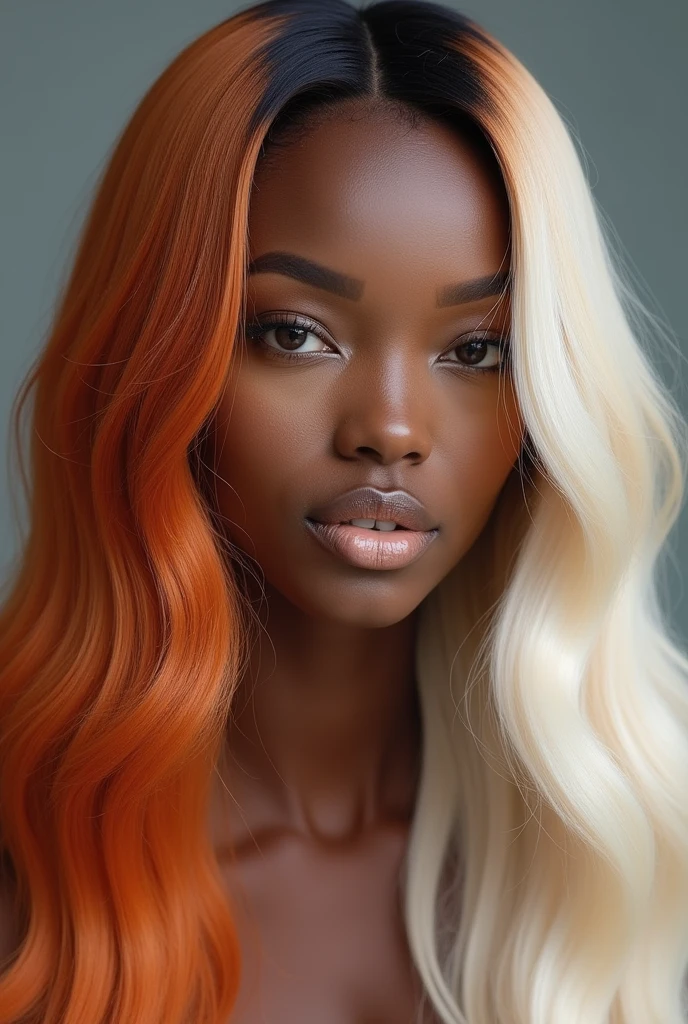 An image of a black woman with long straight hair. The top of the hair (starting from the root) It's loose copper red, but the rest of the hair is very light blonde, tone 12.