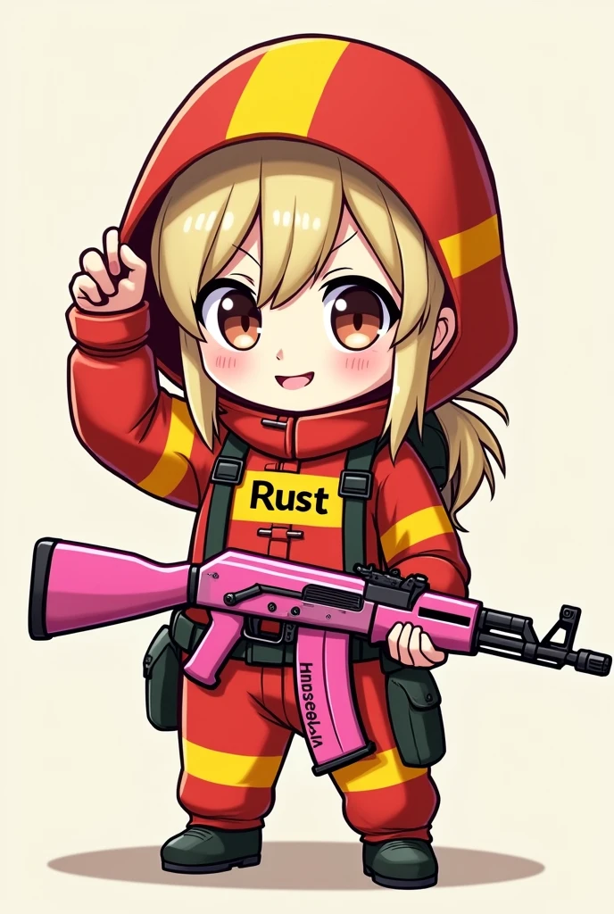 DESSIN VERSION CHIBI D UN PERSONAGE FILLE AU CHEVEUX BLOND DU JEUX VIDEO RUST EN HAZMAT QUI EST DE COULEUR ROUGE SUR LA CAPUCHE  ET JAUNE SUR LE CORT LA CAPUCHE EST CARRE AVEC UNE AK ROSE AEC ECRIT HAESTIA DESSUS 
DANS UNE MAINS ET DANS L4AUTRE ELLE LEVE LA VISIERE DE SON HAZMAT AVEC ECRIT RUST SUR LA COMBINAISON