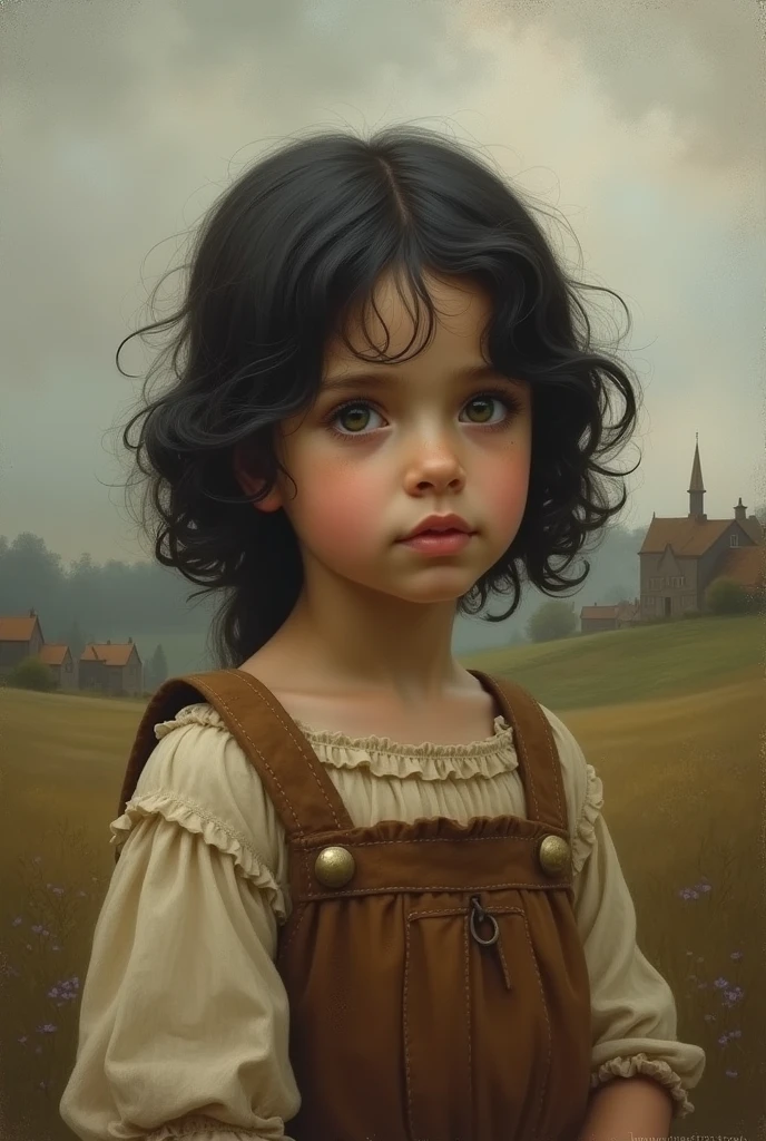 chat, make me a picture in the style "painting-like", with a girl of approximately 2, peasant, English, with black hair, white, from 1600