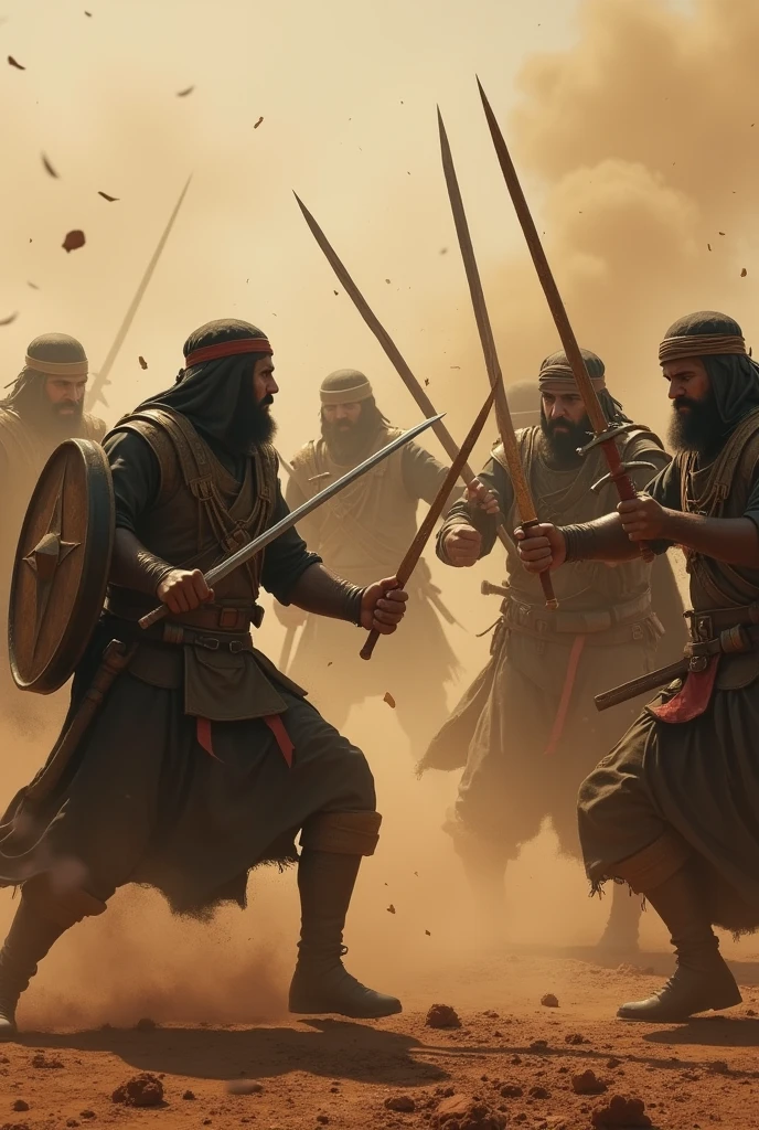 a group of islamic warriors battling in a war, highly detailed, intricate battle scene, soldiers with swords and shields clashing, clouds of dust and smoke, intense expressions on their faces, dramatic lighting, warm color palette, cinematic composition, gritty and realistic, award winning digital art
