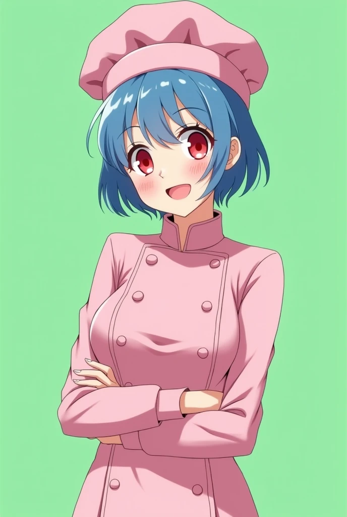 Female chef between 18 and 20 years old, with a pink long-sleeved uniform and a chef&#39;s hat of the same color, 2D anime style with pastel colors, short blue hair, Red eyes ,with a happy expression, on a completely green and flat background