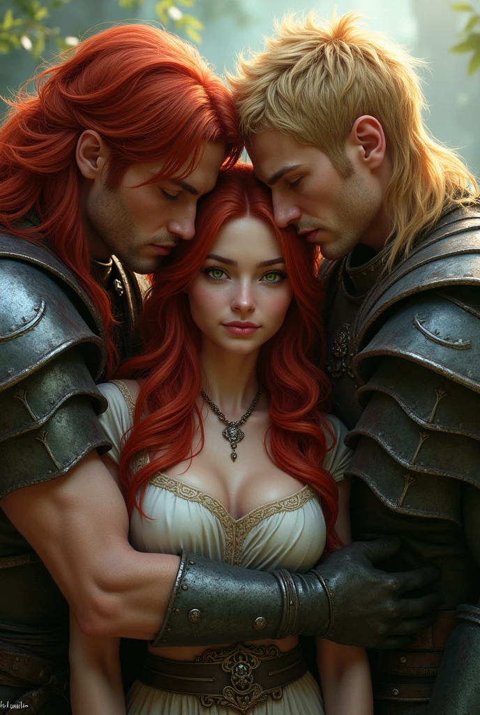 beautiful female warrior with red hair and green eyes, In a love triangle with two male warriors, one with long red hair, caramel skin and bad boy look, and the other one is a blonde with short hair.
The man with red hair looks at her with love and hugs her, And that one, who has light hair, wants to seduce her, she is between them and doesn&#39;t know, Who to choose