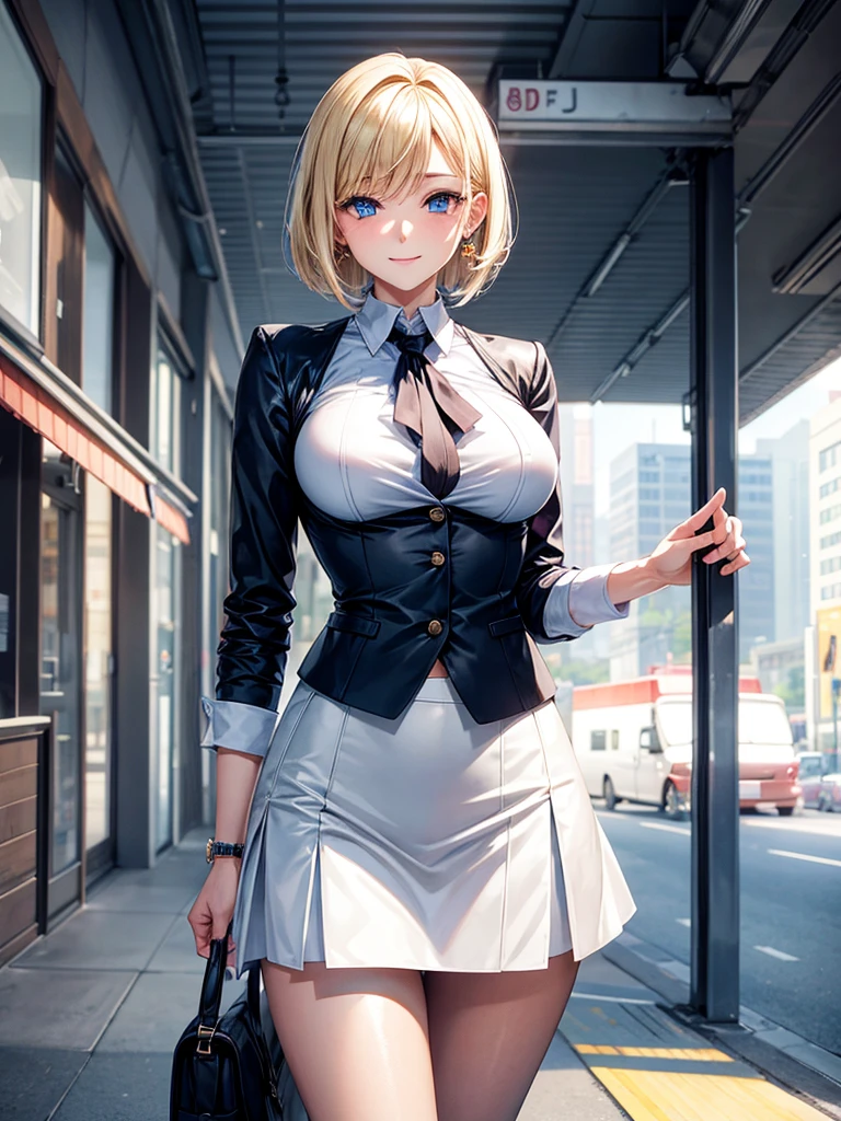 Anime style, super fine illustration, highly detailed, beautiful detailed, perfect detailed, super high quality image, static representation, gentle expression, happy expression, the pretty image, super stylish, 8k, pretty 1girl with blonde straight short hair & blue eyes & a bright smile & full bust & soft fair skin is a career woman supervisor who is very hard working not to show her skin wearing big white business shirt & summer tailored jacket & tight skirt & black pantyhose on the urban business buildings street, in the morning, solo, perfect fingers, no more fingers, no less fingers, perfect arms, no more arms, perfect legs, no more legs, no more hair, masterpiece.
