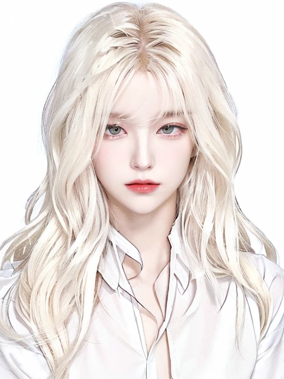 A drawing of a woman with long blonde hair and a white shirt., perfect by white girl, by white, delicate androgynous prince, Her hair is white, with long white hair, chica con by white, Tifa Lockhart con el by white, beautiful androgynous prince, with long white hair, messy wavy white hair, Johan Liebert mixed with Alucard