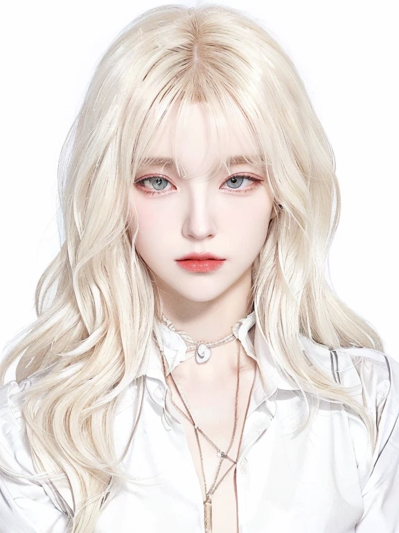 A drawing of a woman with long blonde hair and a white shirt., perfect by white girl, by white, delicate androgynous prince, Her hair is white, with long white hair, chica con by white, Tifa Lockhart con el by white, beautiful androgynous prince, with long white hair, messy wavy white hair, Johan Liebert mixed with Alucard