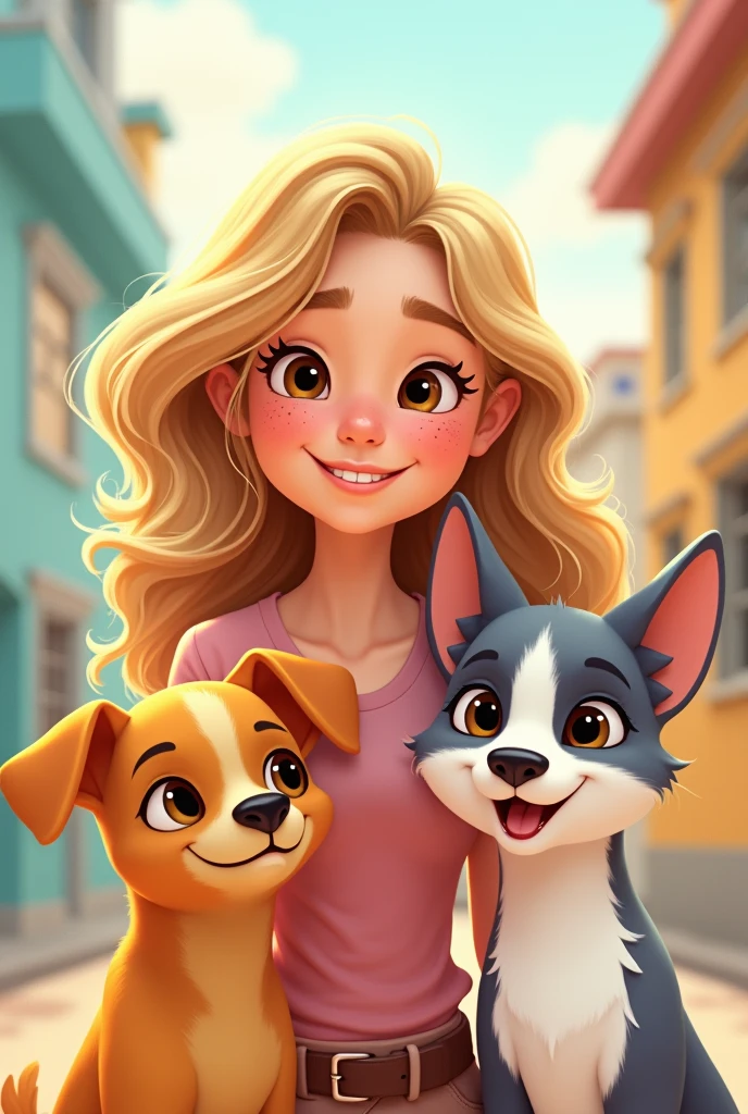 A Pixar-style cover featuring a blonde age girl, long hair and brown eyes and freckles, accompanied by a skinny yellow little dog and a skinny grey and white male cat.