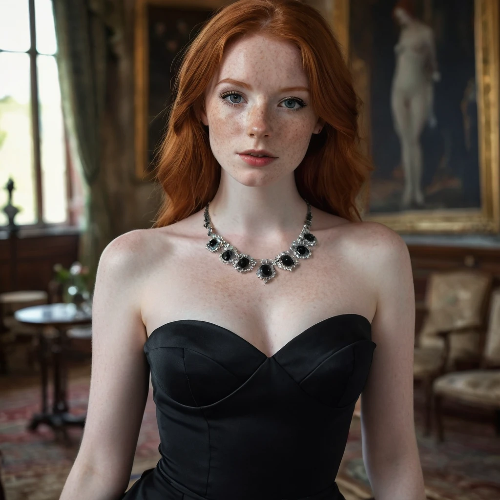  1 girl, redhead irish, very beautiful, the most beautiful woman,  pale skin with freckles, medium breasts, black strapless evening dress, with neckline, open at the legs, black transparent panties, diamond necklace, black eyeliner on her eyes, living room background in a castle, 8K photo quality, very realistic details, ultra definition. 