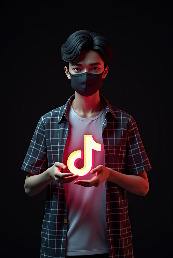 3D logo, handsome young man with masked face, black hair, wearing square shirt and t-shirt, holding glowing tiktok logo, below the text ",?????" Indonesian text with perfect spelling, very realistic and black background
