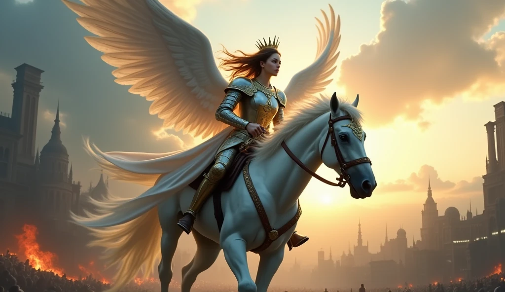 Young knight riding a white horse , hair in the wind WITH A BOW IN HER RIGHT HAND, BEAUTIFUL CROWN AND WINGS LIKE DESCENDING FROM THE SKY WITH APOCALYPTIC SCENARIO, ED FONDO UNA CIUDAD EN CAOS Y EL CIELO OSCURECIDO