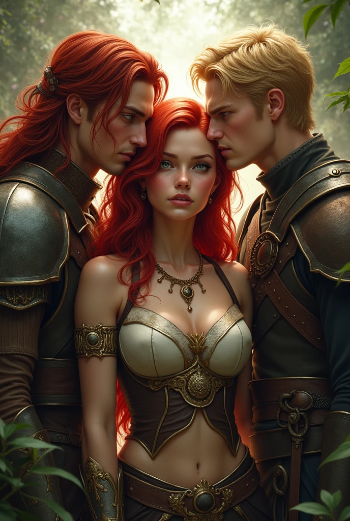 a beautiful female warrior with red hair and green eyes, in a love triangle with two male warriors, one with long red hair, caramel skin and a bad boy look, and the other blond with short hair.
The man with the red hair looks at her lovingly and hugs her, and the one with the blond hair wants to seduce her, she is between them and doesn't know which one to choose