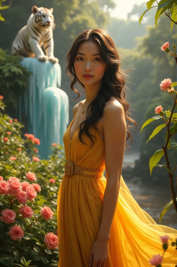 An Asian woman in a tropical garden wearing a beautiful long golden dress. A harmonious beauty between her breasts and the natural flowers., showing off her natural charm and outgoing personality alongside a white tiger on an ice tower.