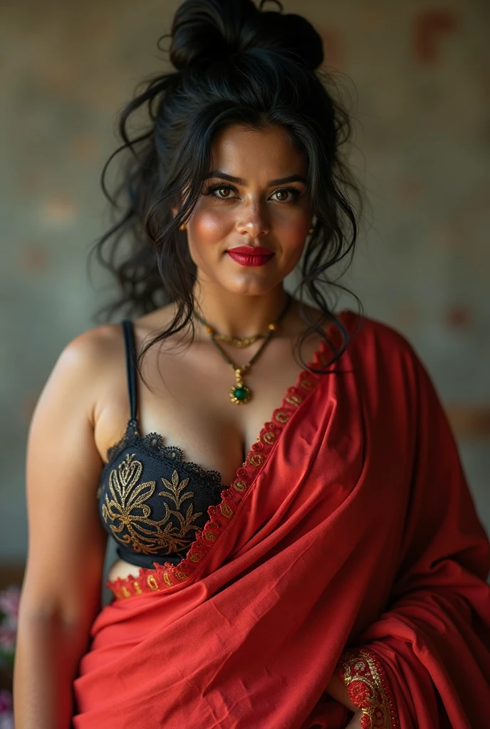 wolf cut hairstyle erotic hindu wife, sitting on chair, full body,  front facing to camera, 8K, super realistic, huge big breast, super big fake lips red lipstick super delicious body saree bra sexy body 