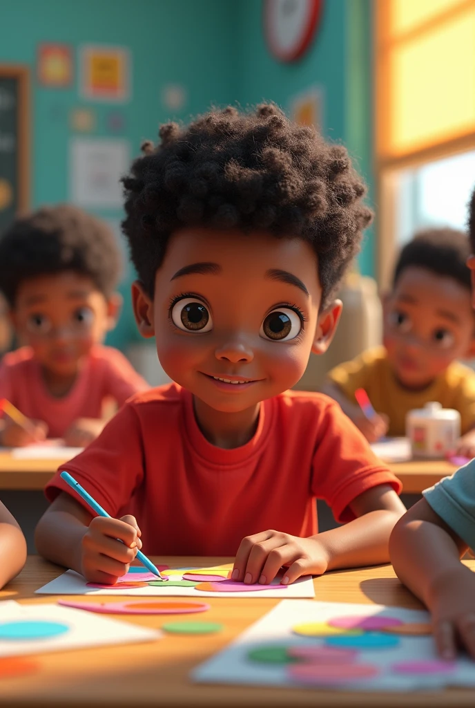 A black-haired, mixed-skinned boy wearing a red shirt sitting in a classroom doing crafts with colored paper in the background with more children doing the same activity