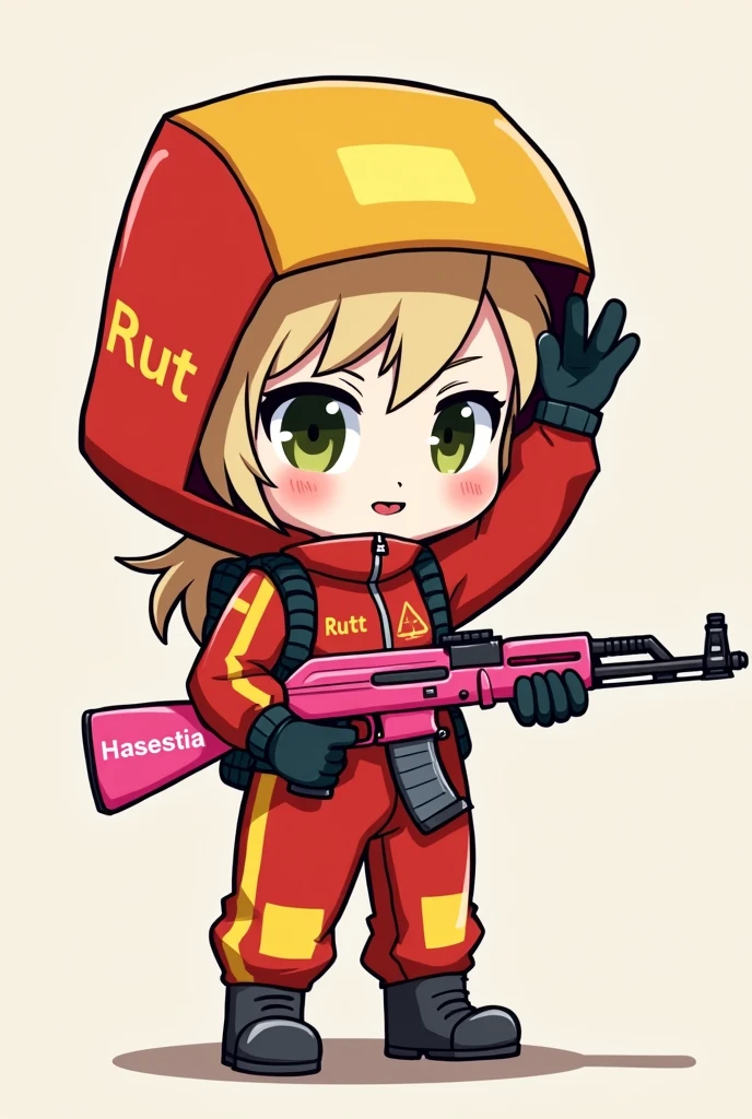DESSIN VERSION CHIBI D UN PERSONAGE FILLE AU CHEVEUX BLOND DU JEUX VIDEO RUST EN HAZMAT QUI EST DE COULEUR ROUGE SUR LA CAPUCHE ET JAUNE SUR LE CORT LA CAPUCHE EST CARRE AVEC UNE AK ROSE AEC ECRIT HAESTIA DESSUS
DANS UNE MAINS ET DANS L4AUTRE ELLE LEVE LA VISIERE DE SON HAZMAT AVEC ECRIT RUST SUR LA COMBINAISON