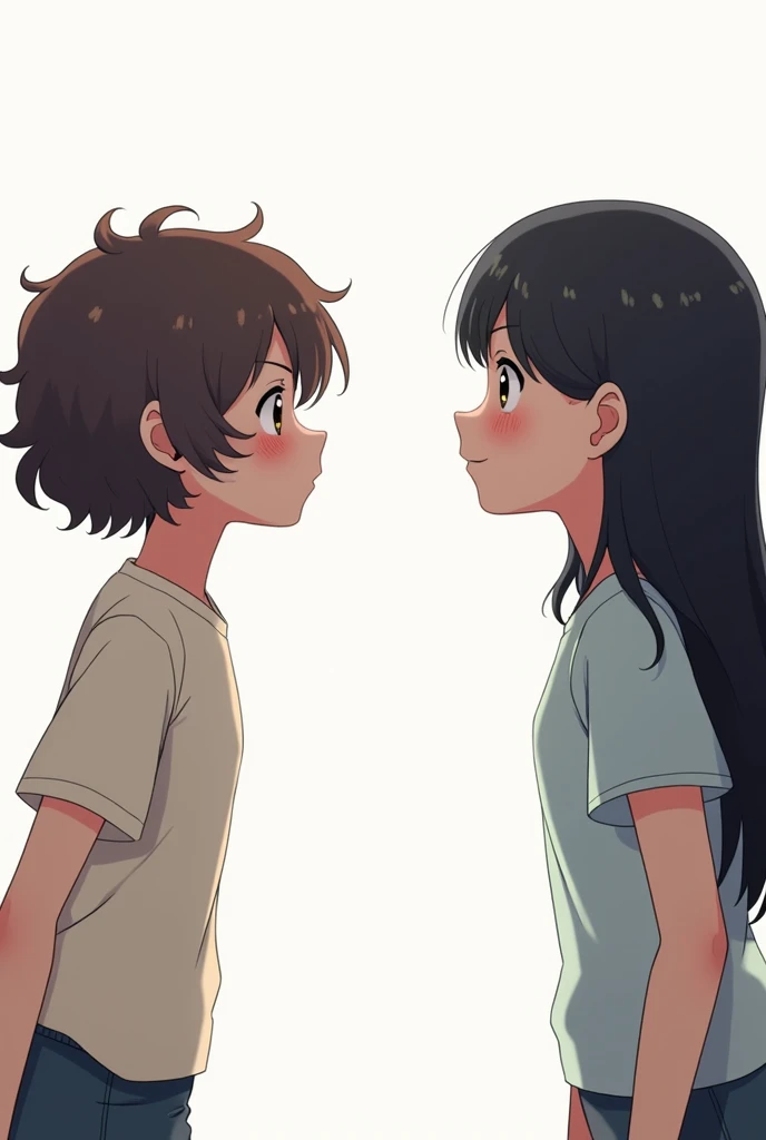 Two girls each facing one way, the one on the left with a short haircut above the ear and light dark brown curls, her face with small freckles and the other with black hair, smooth and long, both facing OPPOSITE DIRECTIONS anime image