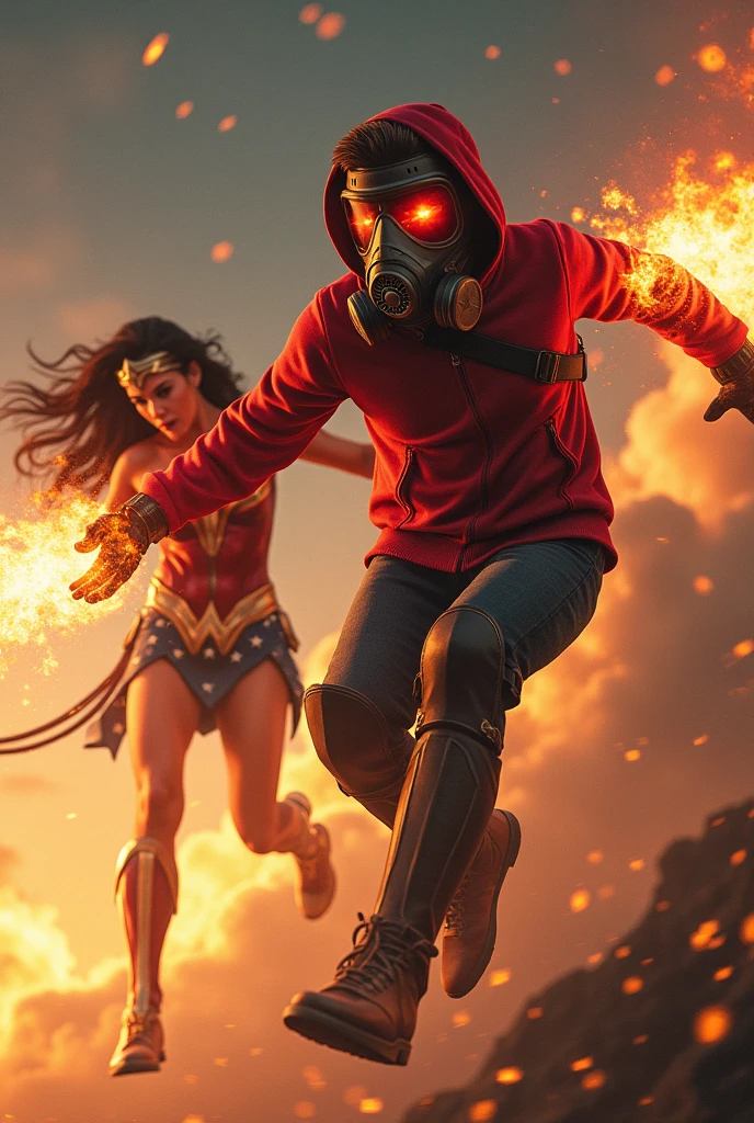 Young Star-lord with red hoodie, headphones, star-lord helmet on head,gas helmet, covered mouth, round red eyes, Red eyes, fire in the hands and rocket boots, Vs. Wonder woman (Big tits), Fighting, power, fiction, full body, 2 person, magic lasso, flying in the sky, Fire, hight