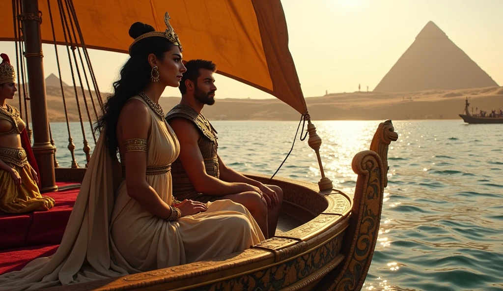 in ancient egypt, egyptian ship, cleopatra, sitting, next to, roman general, realistic cinematic, 4k