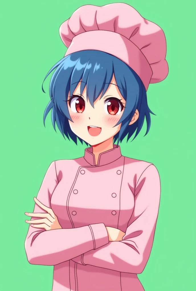 Female chef between 18 and 20 years old, with a pink long-sleeved uniform and a chef's hat of the same color, 2D anime style with pastel colors, short blue hair, Red eyes ,with a happy expression, on a completely green and flat background
