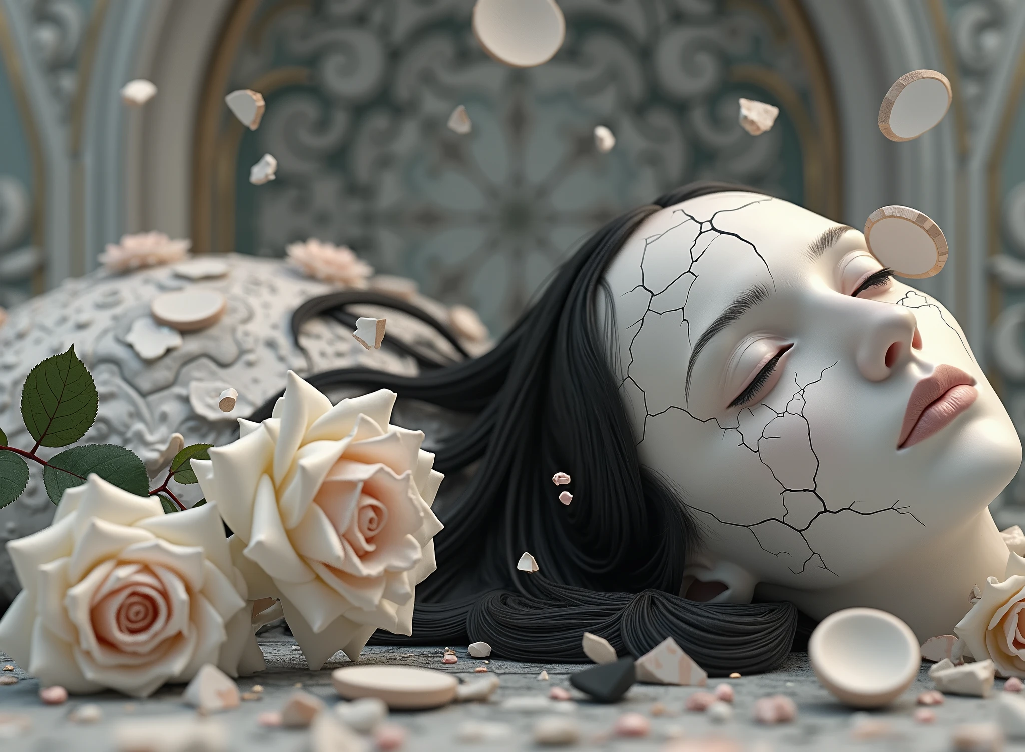 Death of a beautiful humanoid female, broken android, digital art, cracked porcelain face, futuristic look, captivating, skull, fragile, emotional, shatter into fragments, shattered glass, shattered pieces of a woman body, made of porcelain, broken, destroyed, abstract patterns, tile art, roses, ((medium full shot photography:1.5)), cinematic, white and light gray, shallow depth of field,