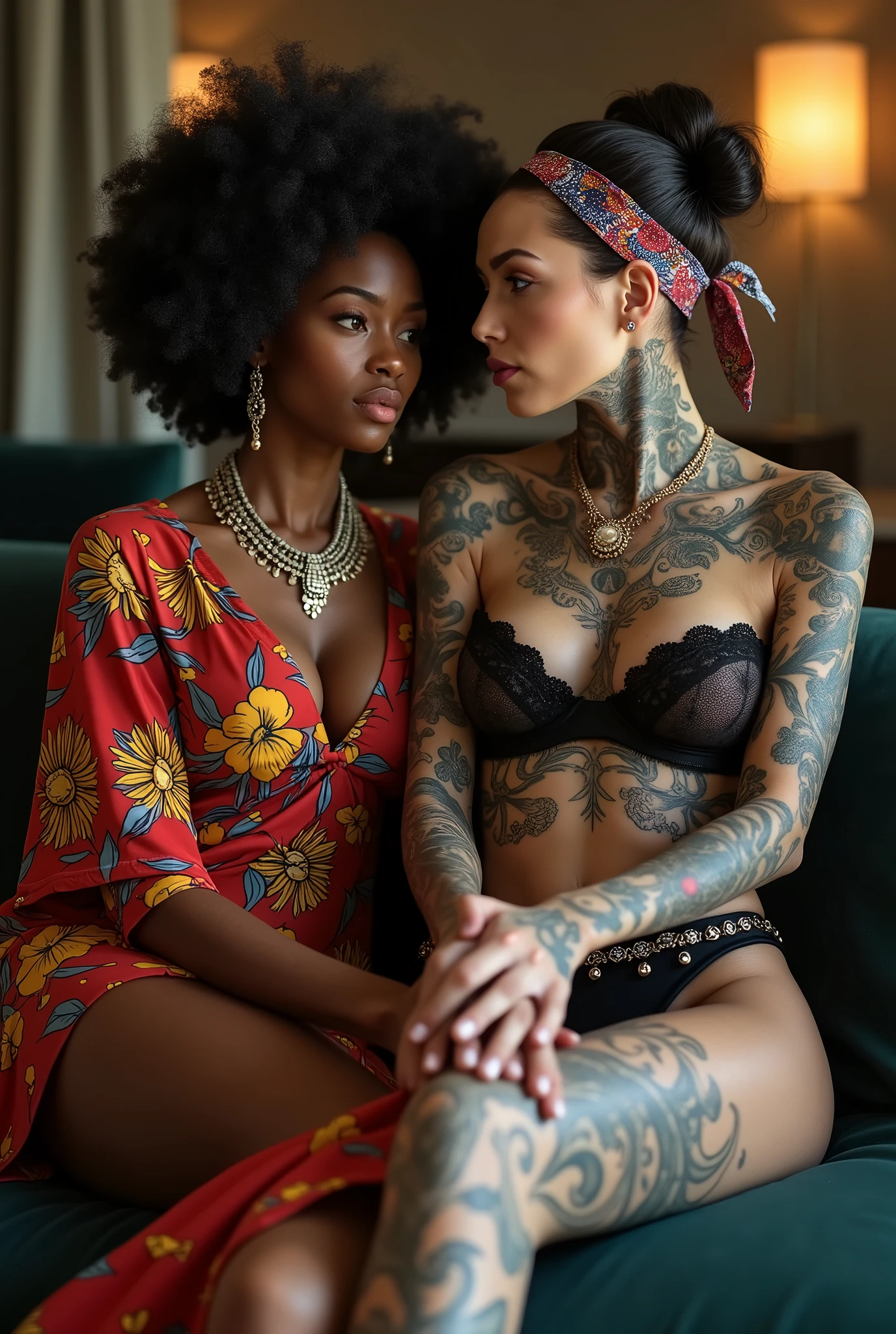 African milf  woman sitting on a sofa with separated legs, afro hairdo, serious face, wearing traditional colourful african clothes, barefoot, hands on shoulders of a white milf woman at her feet leanin back with chin up and open eyes,  in a seductive fashion model pose. The white woman is to touch her girlfriend with her hands. The white woman is tattooed heavily (tattoed chest, tattoed neck, tattooed arms, tattooed hands, tattooed stomach, tattoed legs, tattoed feet). The white woman is very thin with well toned abdominals, pale (light grey hair, light green eyes, pale face, pale neck, pale chest, pale arms, pale hands, pale stomach, pale legs and feet). White woman  in chic rock fashion: pouf with top bun and shaved sides, colourful bandana as headband. The white woman wears and a lot of metallic necklaces and pendants, black push up lace bra, skinny black low rise leggings. The white woman wears a loose wide studded leather belt and a lot of wide metallic bracelets, black lace push up bra, barefoot. In an expensive modern apartment 