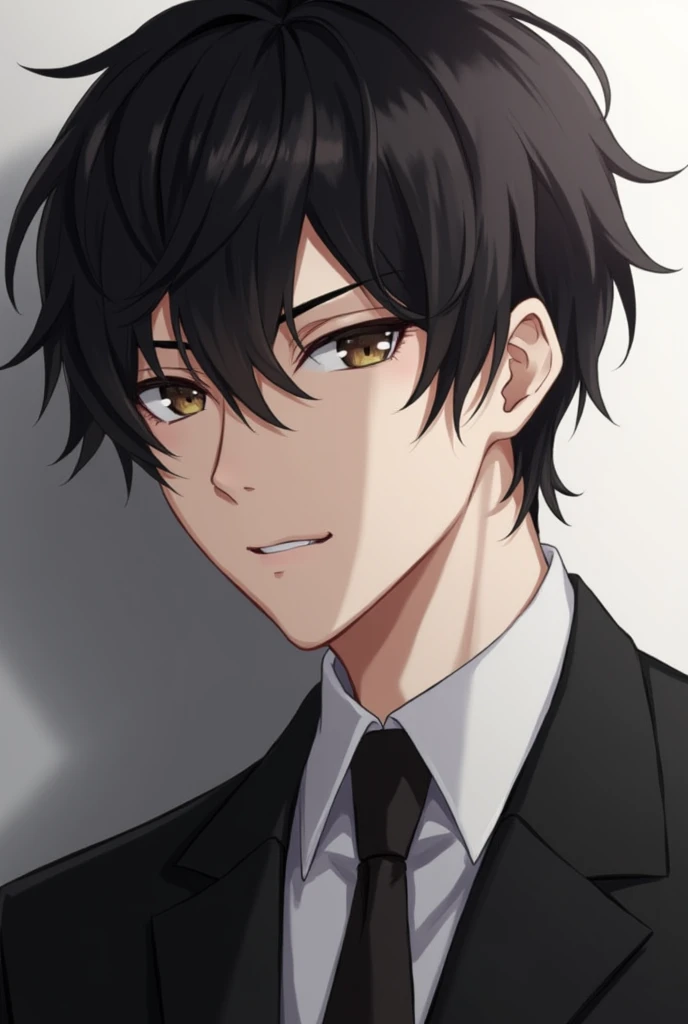Make the character Karma Akabane dark haired, brown eyes and wearing a suit