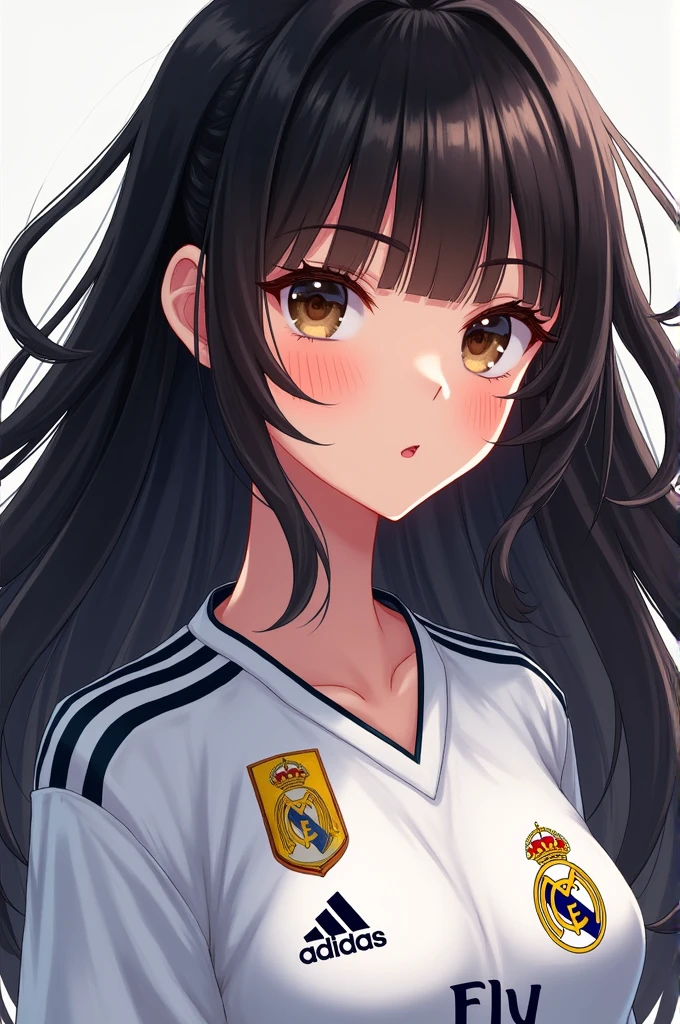 brunette girl , black hair with bangs , with brown eyes , lively , real madrid shirt
