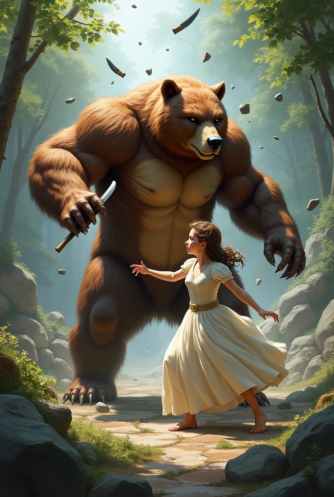Create an image of a bear person defending a princess from stones and knives