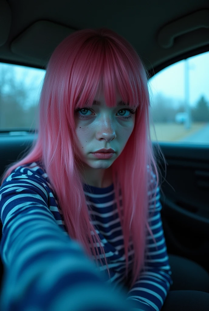 emo girl, all pink hair, depressed look, blue and white striped long sleeve shirt, inside the car, Selfie, Horror lighting