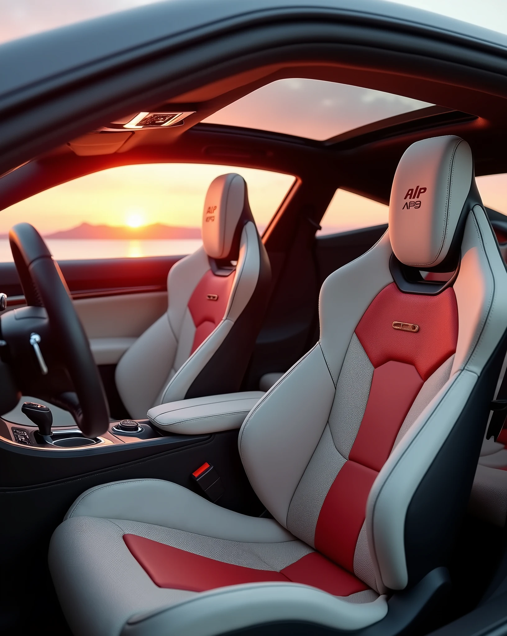 Camera view at 3/4 angle (45 degrees). The highlights are the closed panoramic sunroof, the interior design and the sports seats in beige synthetic leather with the initials “ALP” written in carmine red embroidered on the headrest. | Natural light with a magnificent pink-orange sunset in the outdoor environment.  Infinity"   