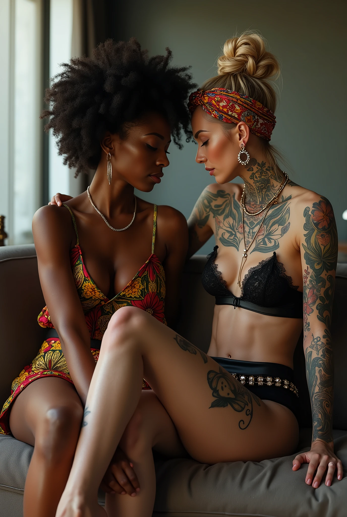 African milf  woman sitting on a sofa with separated legs, afro hairdo, serious face, wearing traditional colourful african clothes, barefoot, hands on shoulders of a caucasian milf woman at her feet leanin back with chin up and open mouth in magazine fashion model pose. The caucasian woman is trying to touch her girlfriend. The caucasian woman is tattooed heavily (tattoed chest, tattoed neck, tattooed arms, tattooed hands, tattooed stomach, tattoed legs, tattoed feet). The caucasian woman is very thin with well toned abdominals, pale (light grey hair, light green eyes, pale face, pale neck, pale chest, pale arms, pale hands, pale stomach, pale legs and feet). Caucasian woman  in chic rock fashion: pompadour hairstyle with top bun and shaved sides, colourful bandana as headband and a lot of metallic necklaces and pendants, black push up lace bra, skinny black low rise leather jeansa lot of wide metallic bracelets, black and pink triangl push up bikini, barefoot , kneeling . In an apartment decorated in colourful boho style.