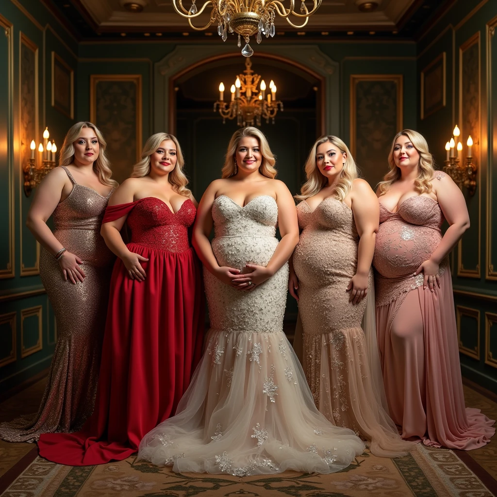Five plus size model women have a lot of fat on their stomachs and buttocks and weigh 200kg, they gained weight by eating too much, they are blonde haired obese women with very big stomachs and buttocks, they are plus size models and their whole body is covered with a lot of fat, they are queens wearing glittering and gorgeous dresses for the promotion of a high-end brand of formal wear, they are taking a photo shoot in an old castle, 4K quality