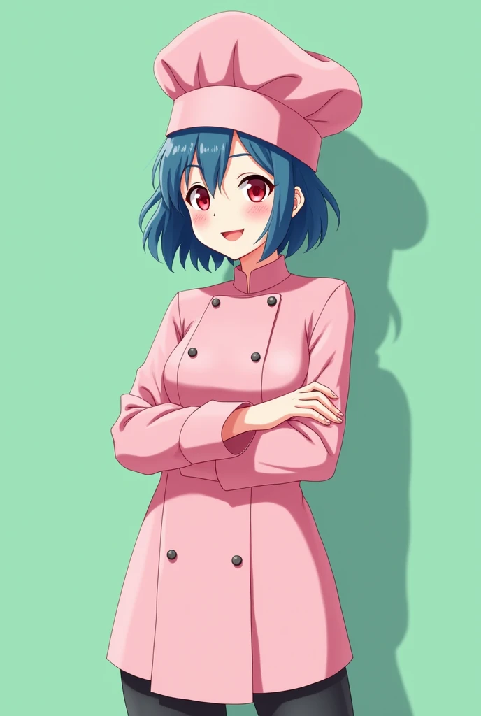 Female chef between 18 and 20 years old, with a pink long-sleeved uniform and a chef's hat of the same color, 2D anime style with pastel colors, short blue hair, Red eyes ,with a happy expression, on a completely green and flat background