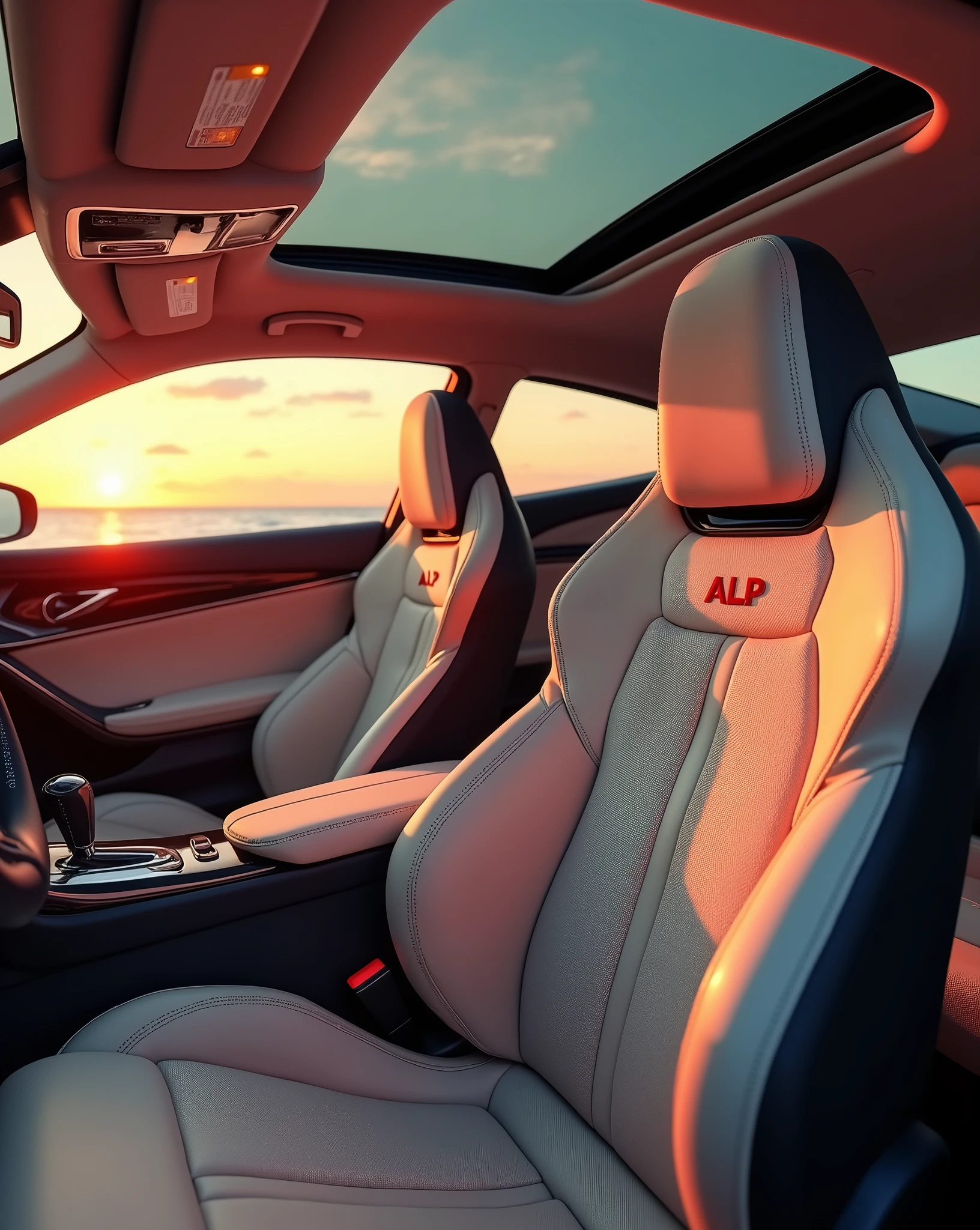 Camera view at 3/4 angle (45 degrees). The highlights are the closed panoramic sunroof, the interior design and the sports seats in beige synthetic leather with the initials “ALP” written in carmine red embroidered on the headrest. | Natural light with a magnificent pink-orange sunset in the outdoor environment.  Infinity"   