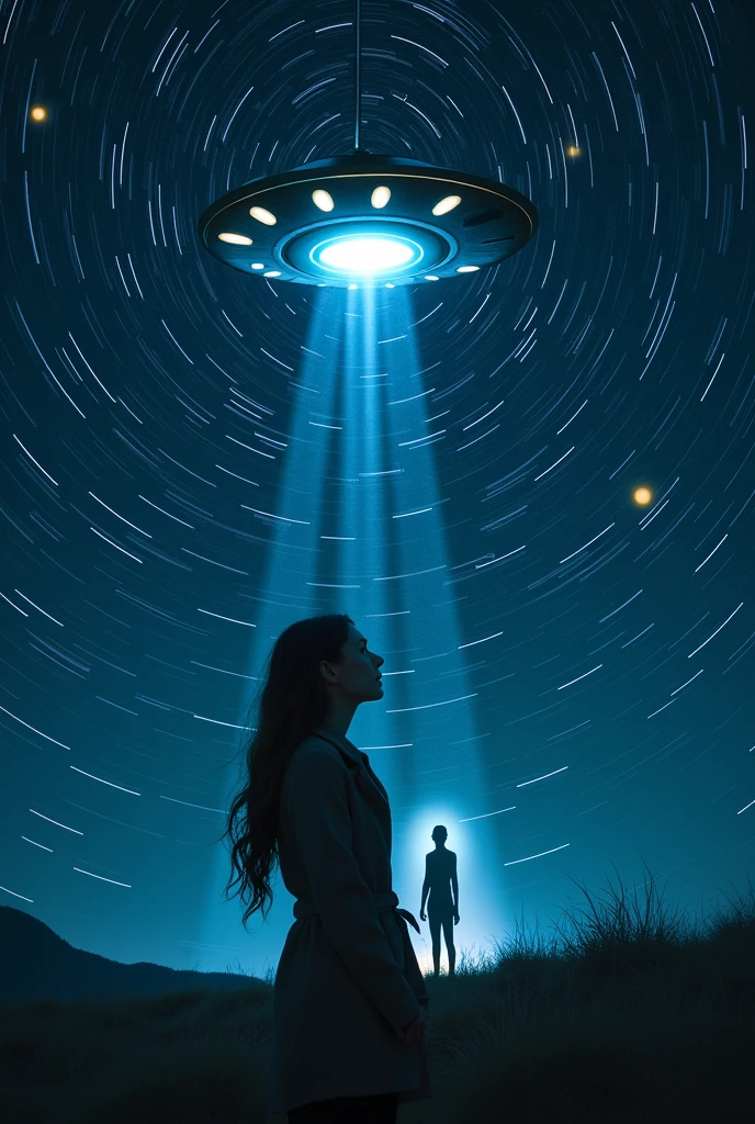 long exposure of starry sky with many circular orbits, focus on the stars, a flying saucer, radiates light downwards,silhouette of a young European woman with long hair with her hand over her coat looking up,golden ratio,shooting stars, two of them yellow,A luminous human silhouette appears in front of her!!