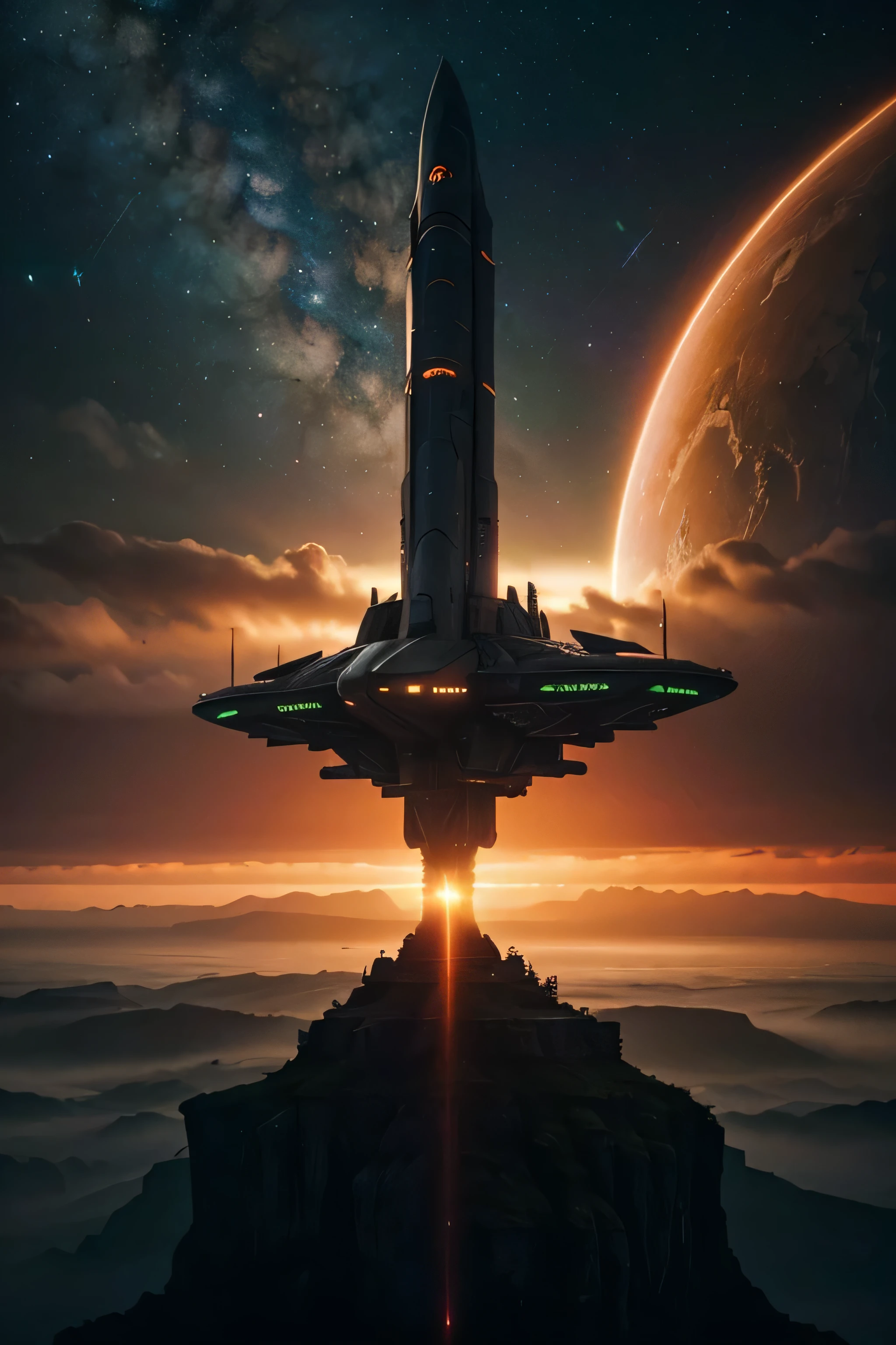 A huge spaceship prepares for its daring escape under the menacing glow of a green-orange sky. As they ascend into the cosmos, the backdrop of towering cliffs and distant spaceships heightens the sense of danger and adventure, encapsulating the rebels' relentless fight for freedom in the vastness of the universe.