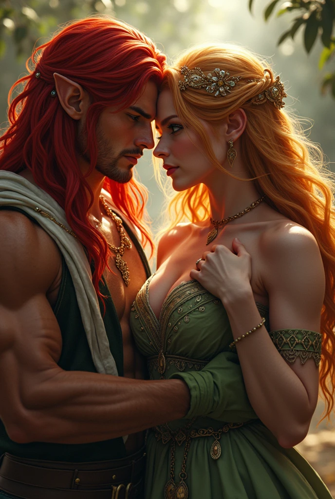 beautiful female warrior with red hair and green eyes, In a love triangle with two male warriors, one with long red hair, caramel skin and bad boy look, and the other one is a blond with short hair.
The man with red hair looks at her with love and hugs her, And this one, who has light hair, wants to seduce her, she is between them and not'I don't know, Who to choose