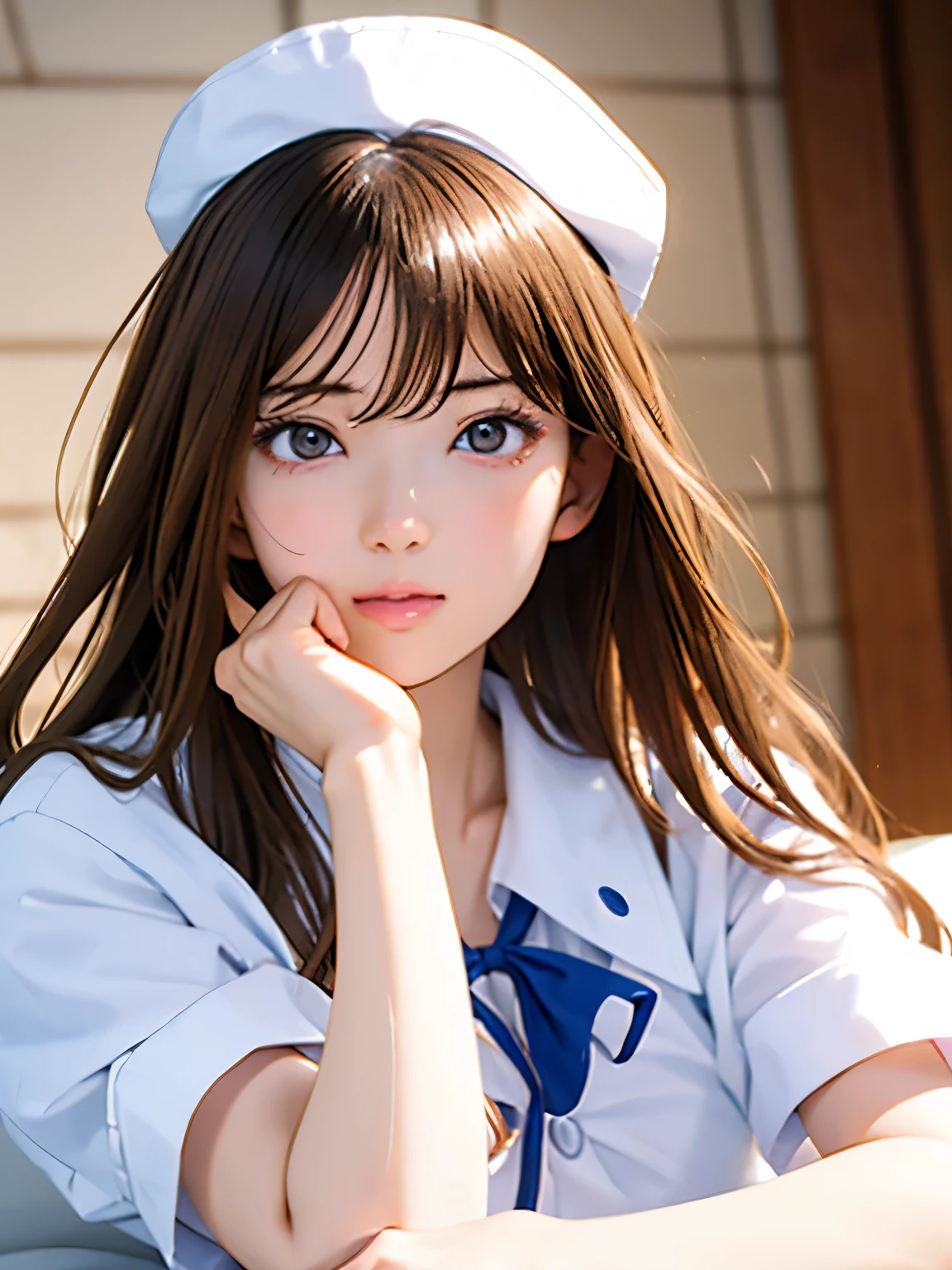 High resolution, 8k, Highest quality, detailed, Semi-realistic anime, Anime 3D Style, Smooth anime CG, One Girl, A 20-year-old Japanese woman, slim, Modeled, Shiny brown hair, detailedな顔, Beautiful and detailed, Glowing Skin, Hard Focus、Film Grain, Soft lighting,Beautiful Japanese Women Photos, One Girl, (Big Breasts)、 double eyelid, White nurse uniform, nurse (cap), White shirt, Open shirt, hospital, Patient's room, sexy、whole body、Spread your legs、On the bed