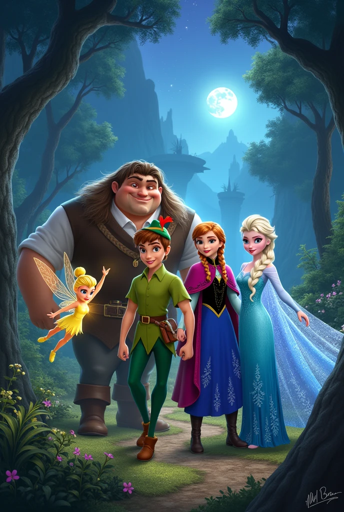 Peter pan Gaston Anna Elsa and Tinkerbell