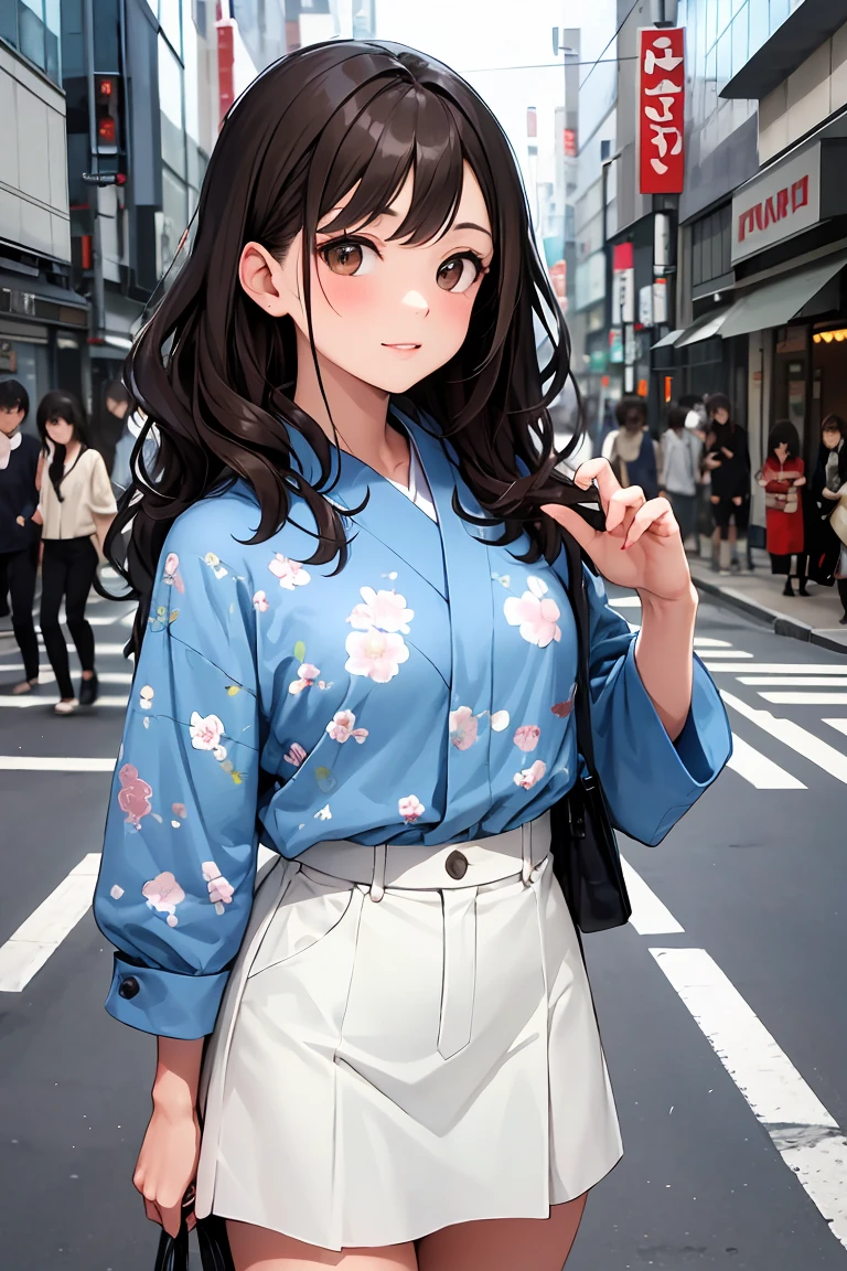 masterpiece, Highest quality, Photo of a modern Caucasian European woman with wavy dark hair, Fine brown eyes, And a floral shirt on the streets of Tokyo